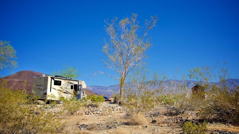 A desert landscape with a camper named 'Minnie Winnie' and a mountain range in the background.