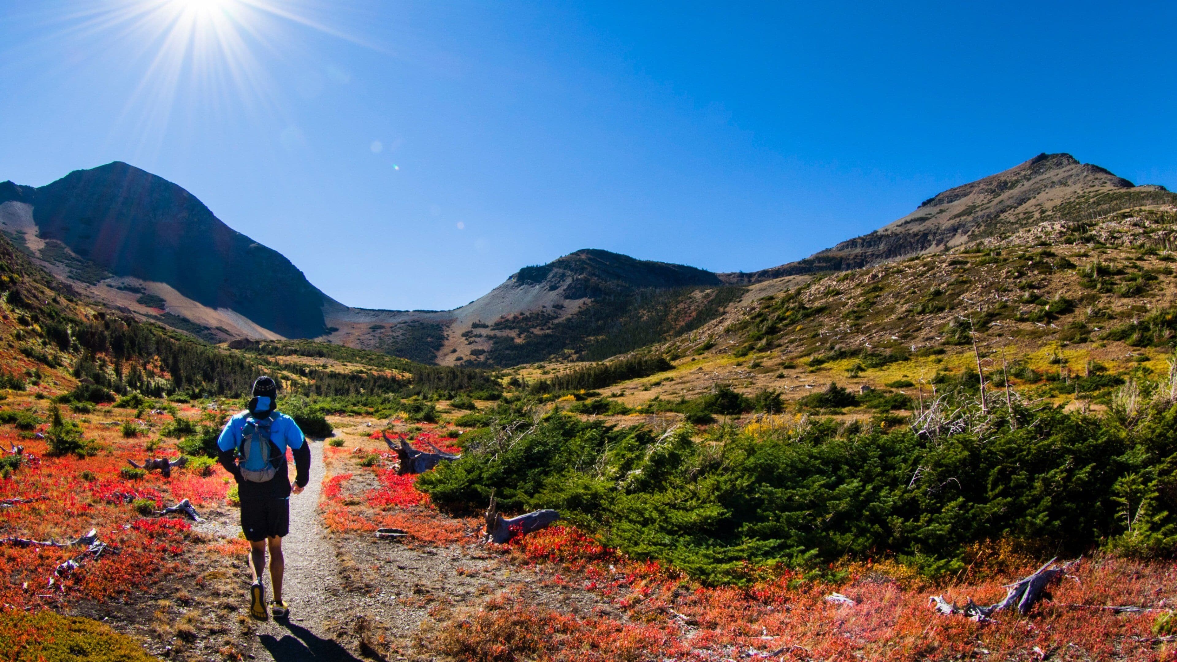 Glacier som inkluderar berg och höstlöv såväl som en man
