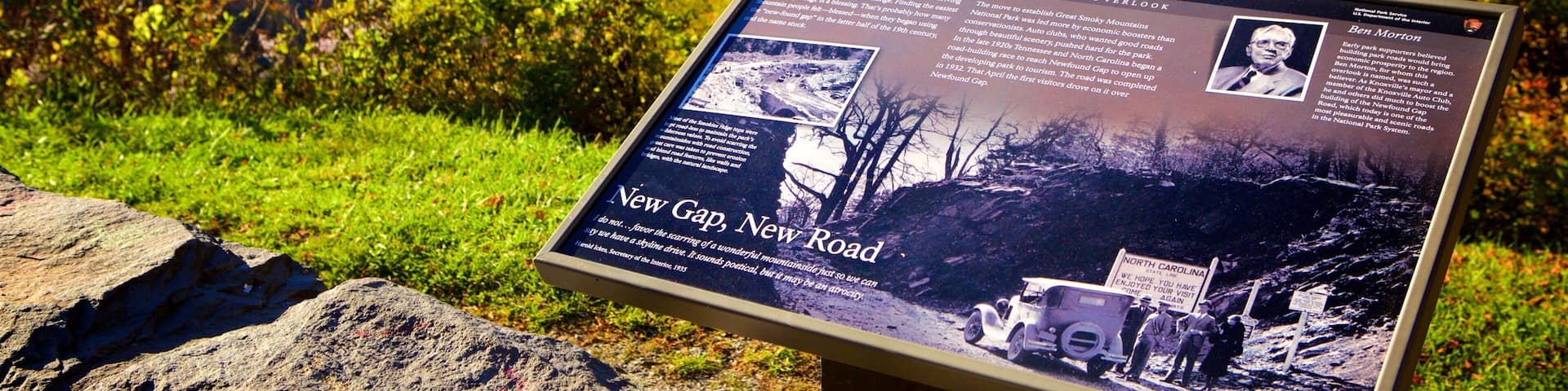 A historical marker with a photo of the New Gap, New Road.