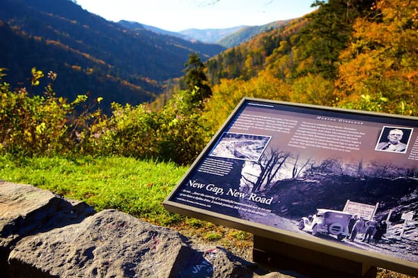 A historical marker with a photo of the New Gap, New Road.