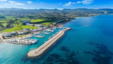 Aerial bird's eye view of Latchi port,Akamas peninsula,Polis Chrysochous,Paphos,Cyprus. The Latsi harbour with boats and yachts, fish restaurant, promenade, beach tourist area and mountains from above