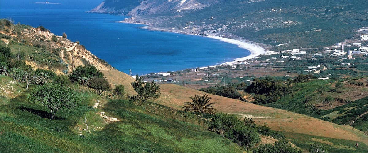 A coastal landscape with a mountain range, a beach, and a small settlement.