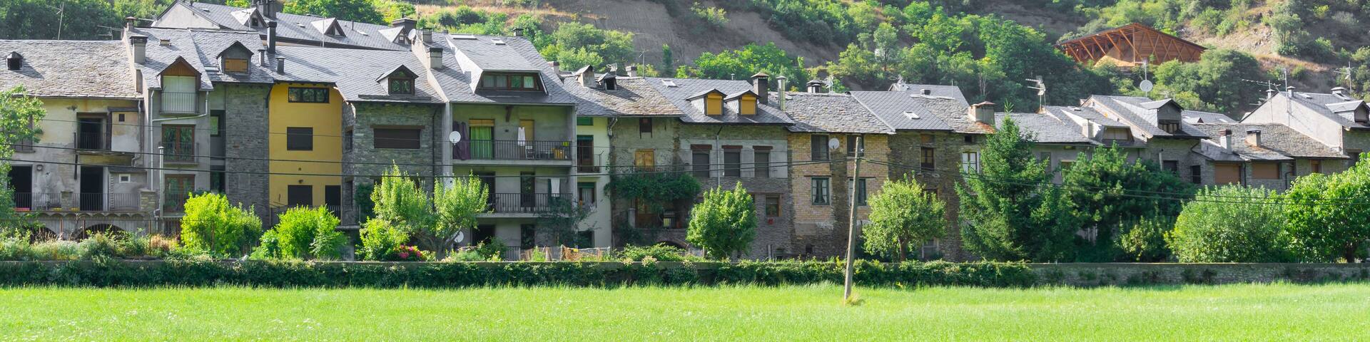 Landscape of houses in front of green fields in the town of Rialp, Lleida