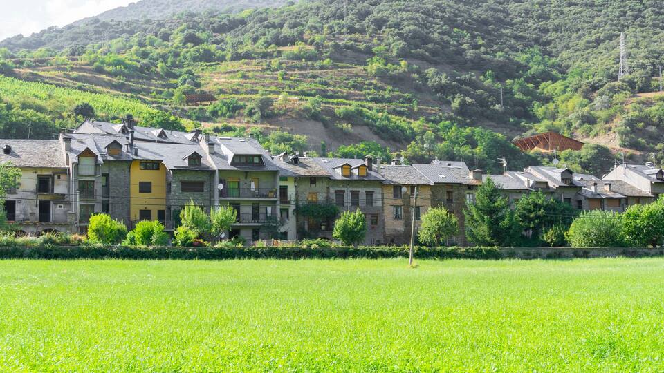 A row of traditional stone buildings with sloped roofs, set against a backdrop of lush green hills and a cultivated field.