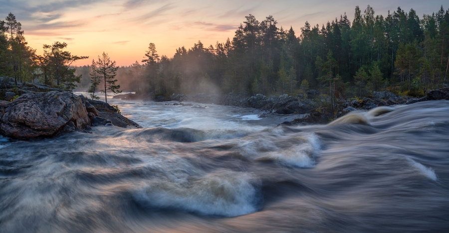 A river flowing through a forest at sunset.