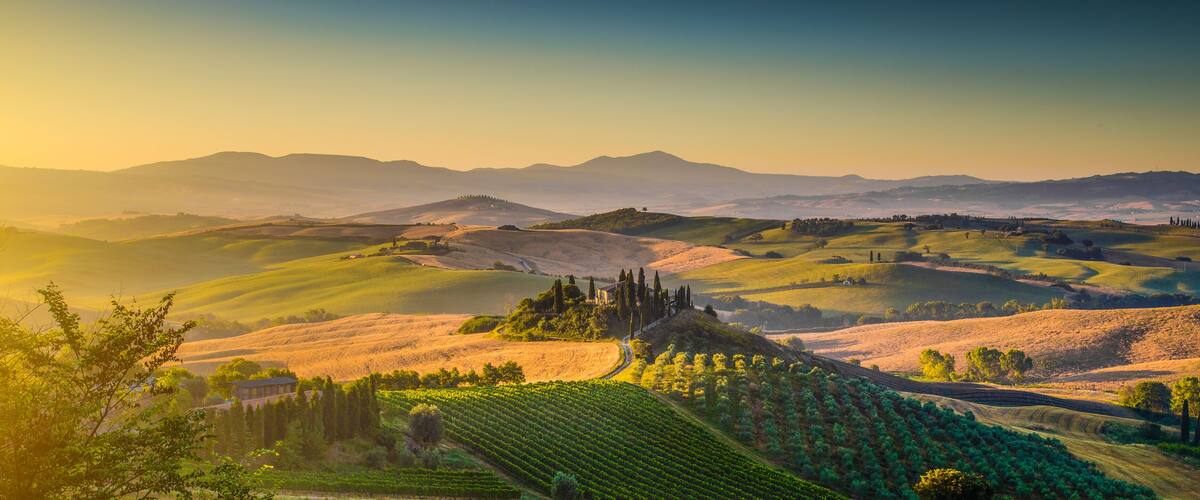 Tuscany landscape panorama at sunrise, Val d'Orcia, Italy