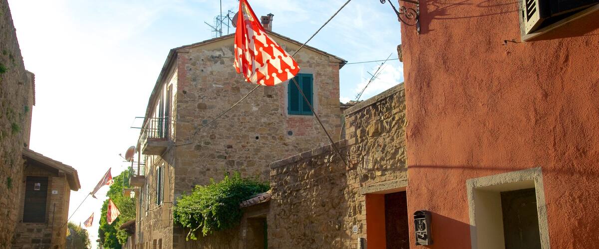 A narrow cobblestone street lined with historic stone buildings, some with green shutters and ivy.