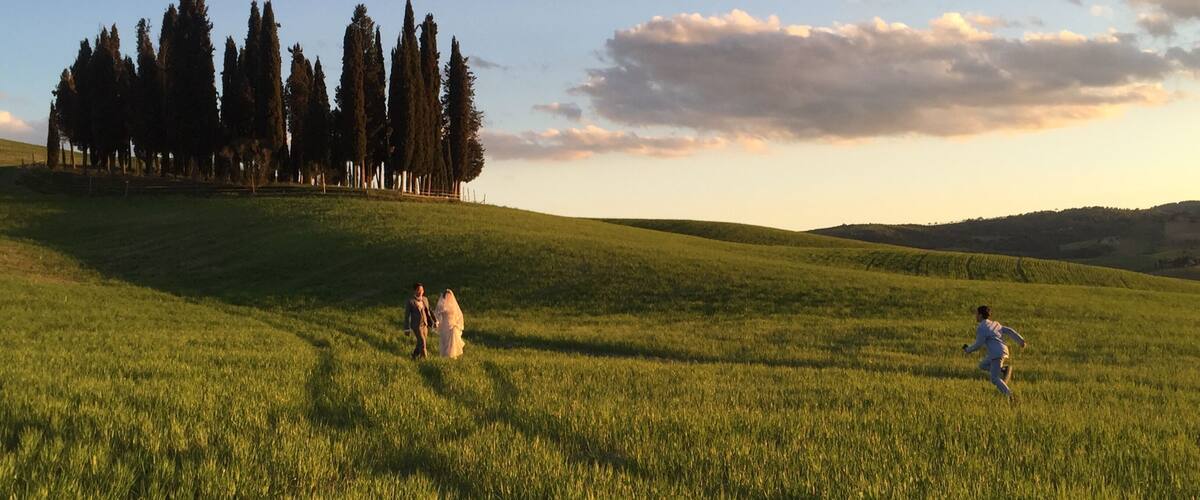 A grassy field with a group of people walking and a person running.