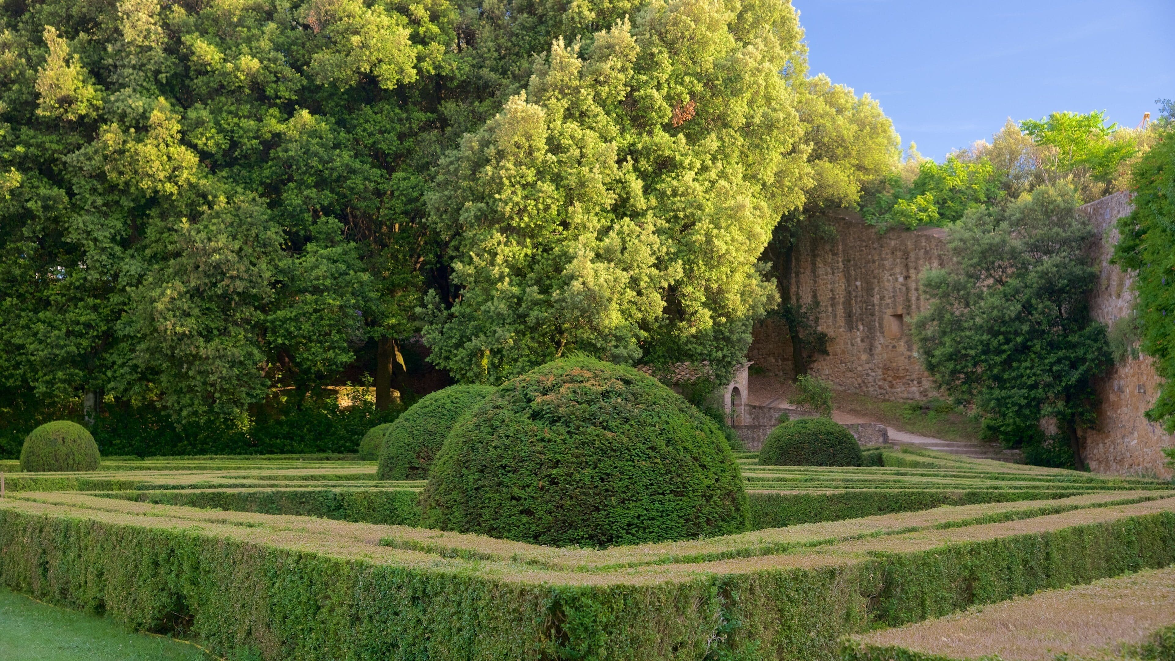 A formal garden with geometrically trimmed hedges, a central spherical topiary, and a backdrop of dense trees and a stone wall.