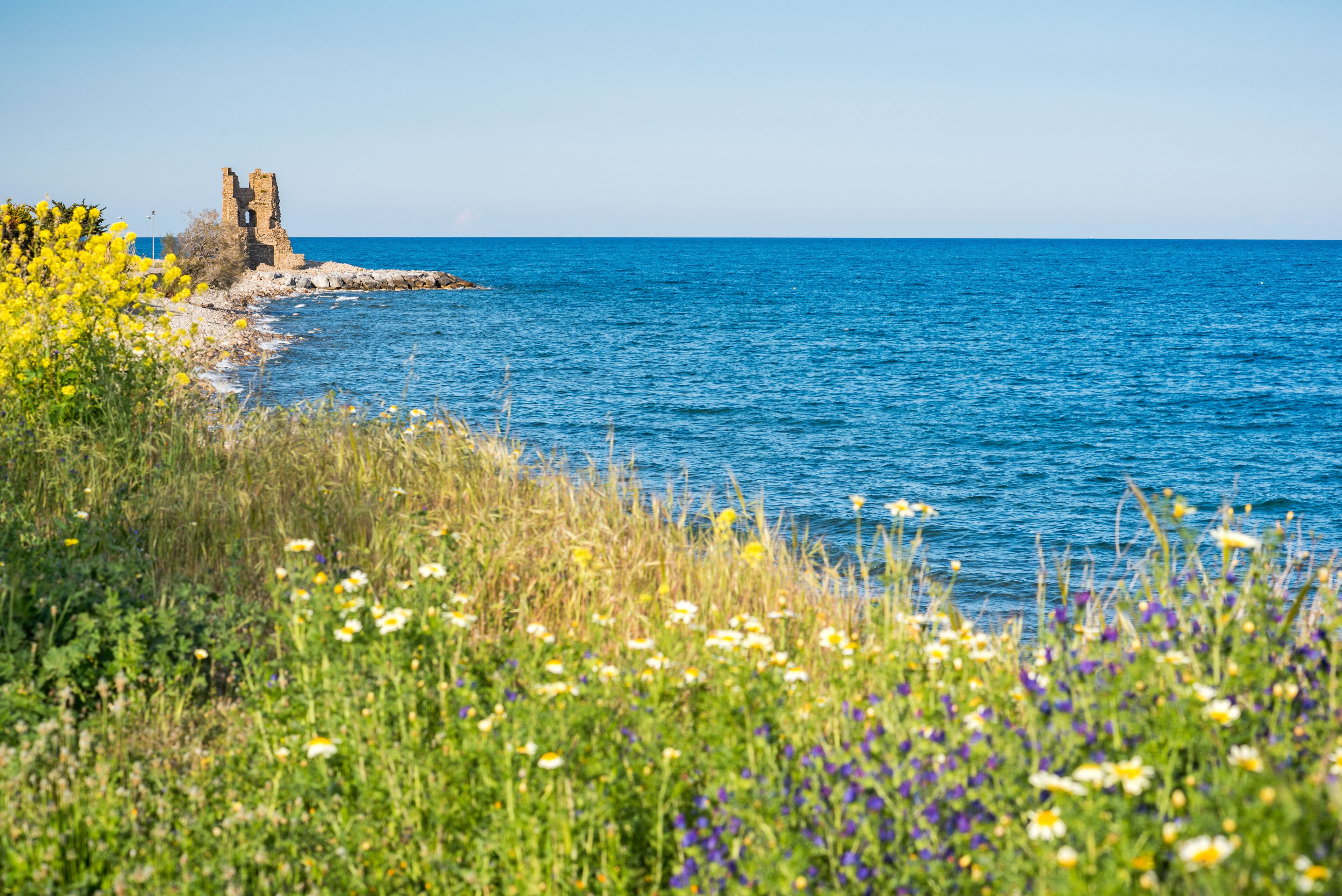 Amendolara, Cosenza district, Calabria, Italy, Europe, view of the coast of Amendolara Marina with the ancient Spaccata tower