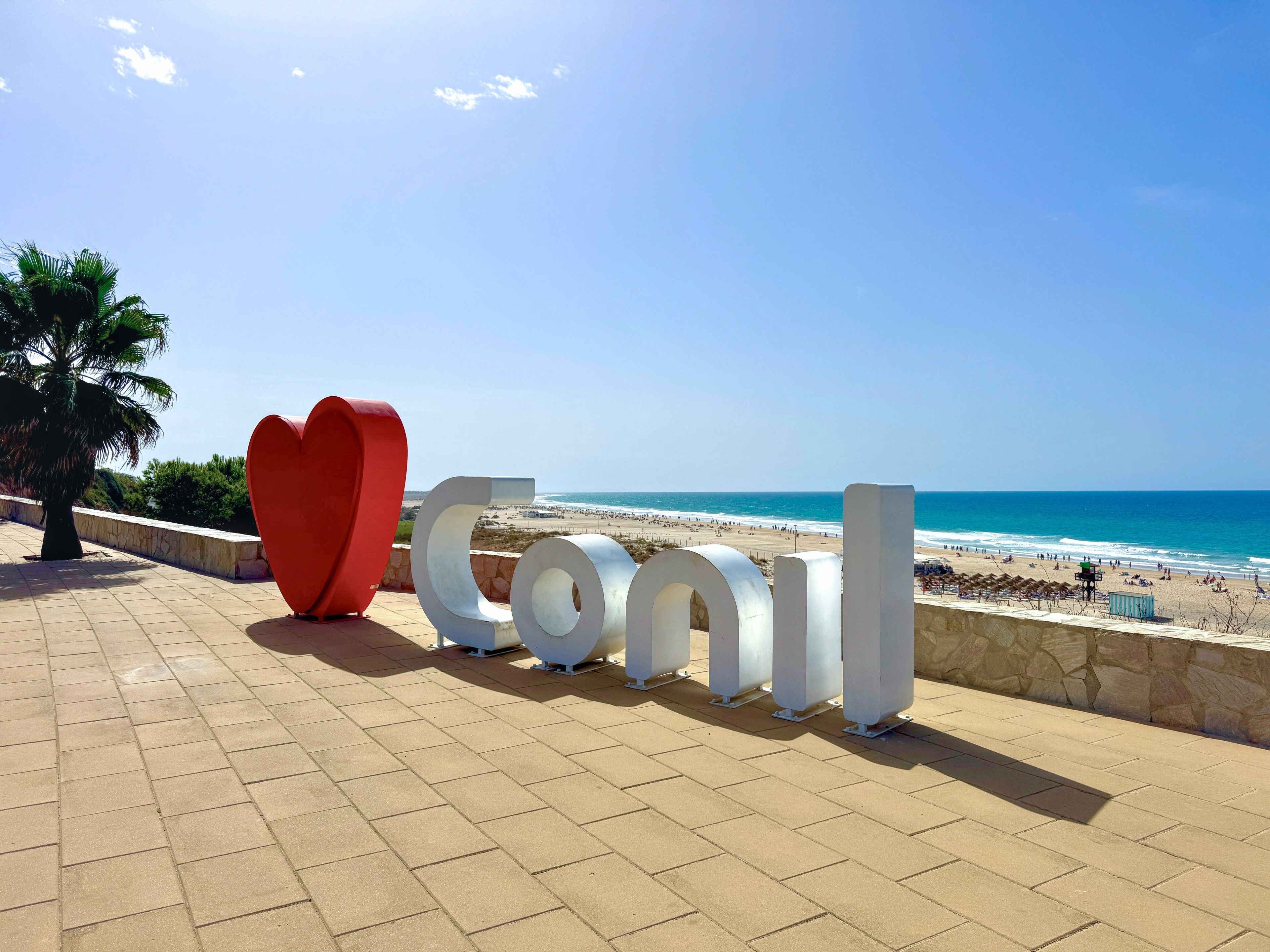 Heart symbol and Conil lettering at a viewpoint overlooking the wonderful beach of Conil de la Frontera, Playa de la Fontanilla