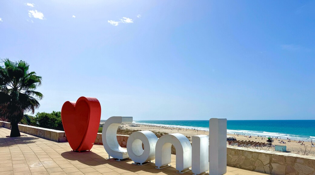 Heart symbol and Conil lettering at a viewpoint overlooking the wonderful beach of Conil de la Frontera, Playa de la Fontanilla