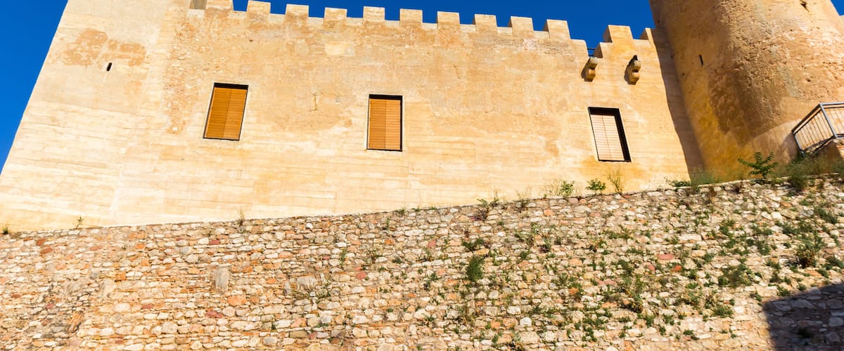 A historic stone castle with crenellated battlements and a tall tower.