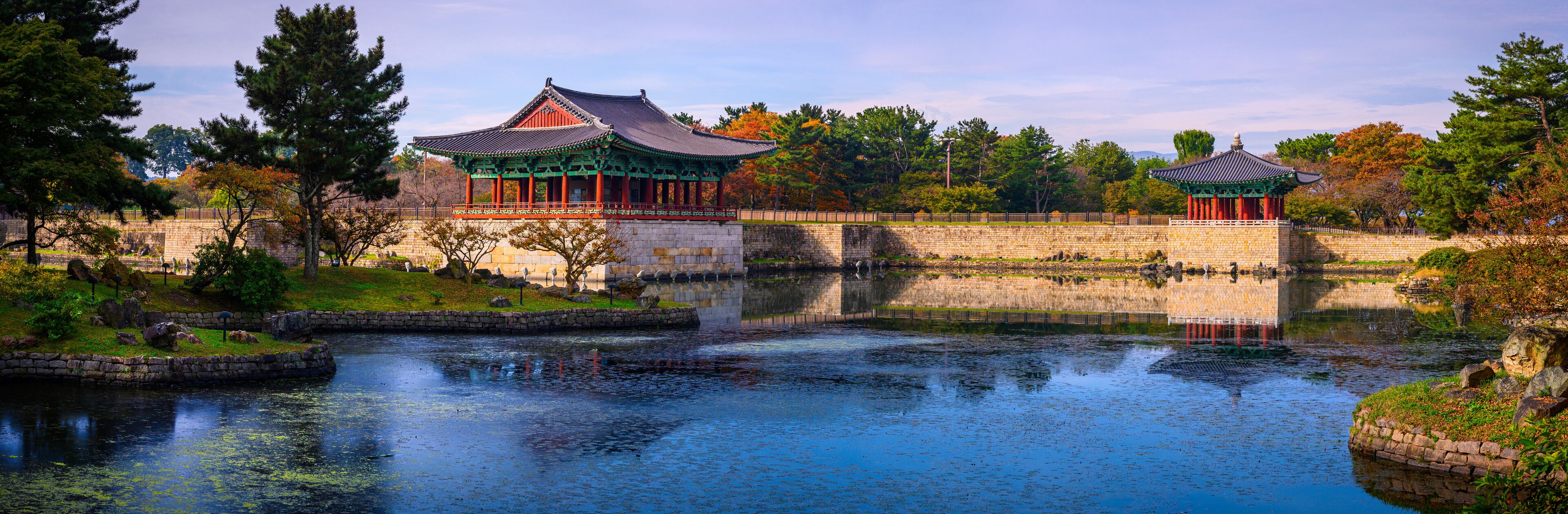 Gyeongju City Landmark Heritage Site in South Korea, of Donggung Palace, Wolji Pond and Anapji Park with traditional Korean architecture and garden