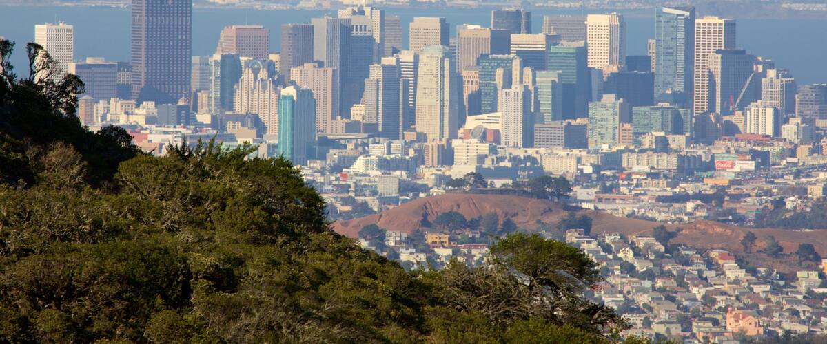 A cityscape with a prominent skyscraper, dense urban buildings, and a hilly landscape in the foreground.