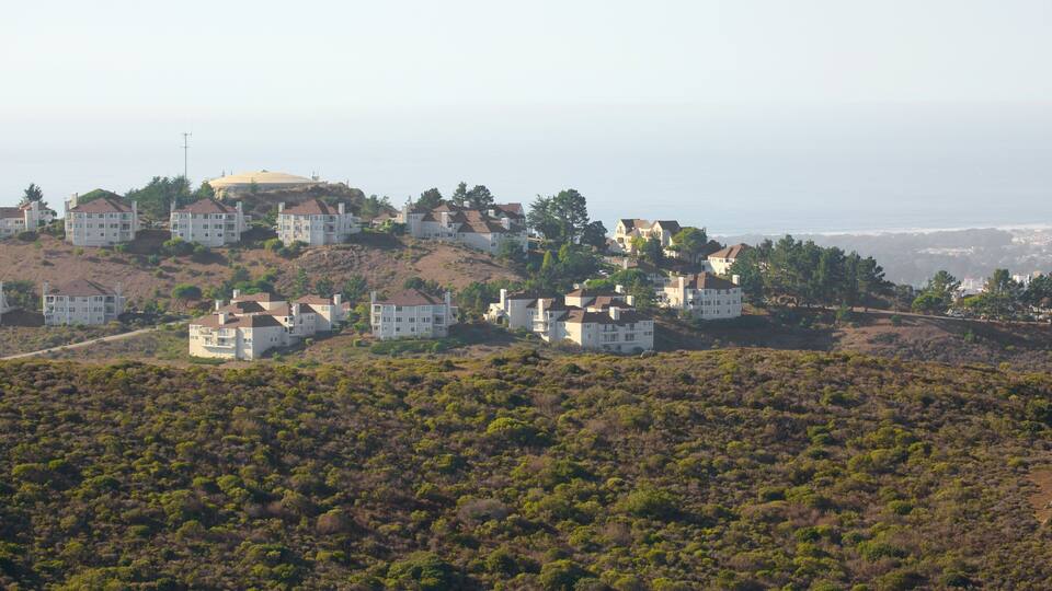 A coastal residential area with houses on a hillside, overlooking the ocean.