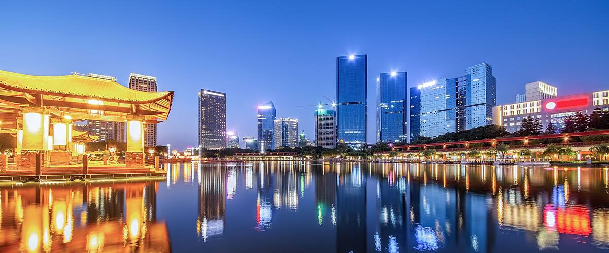 Night skyline of CBD building in Nanhai District, Foshan City, Guangdong Province, China