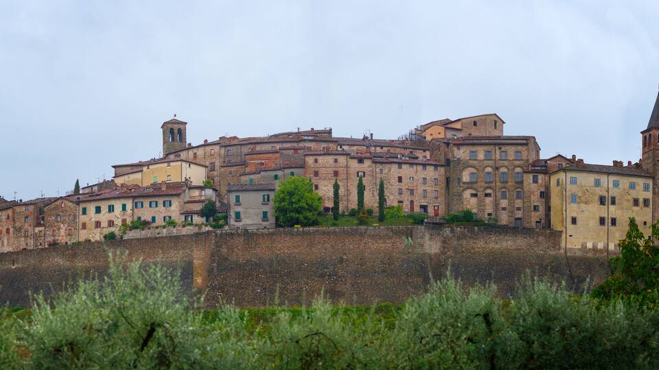 A historic walled city with medieval architecture, including towers and a prominent church.