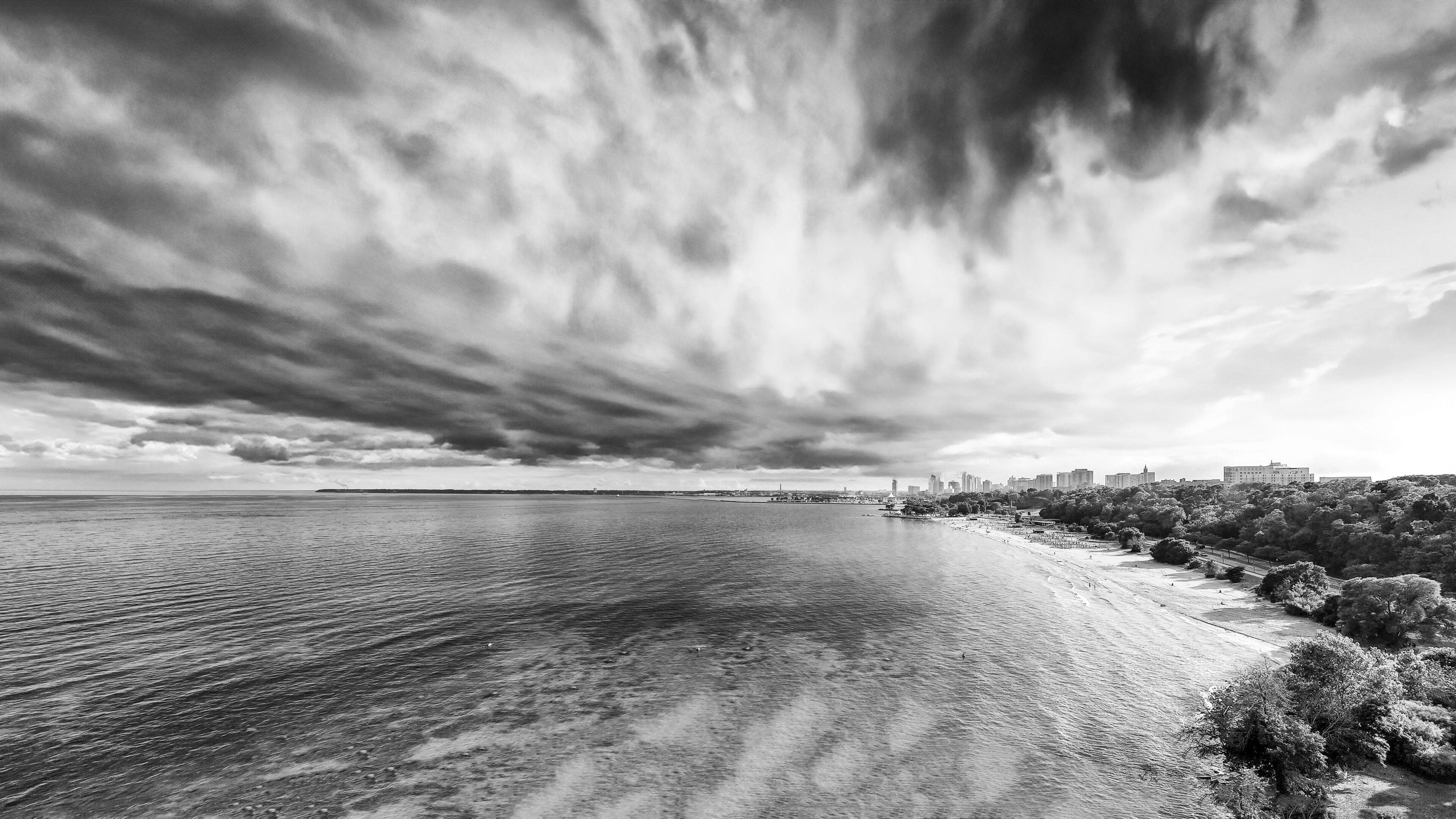 Aerial view of Bradford Beach in Milwaukee at sunset, Wisconsin