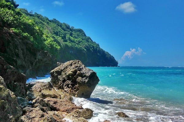 A rocky shoreline with clear turquoise water and a lush green cliff.
