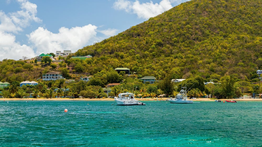 A coastal scene with a clear blue sea, a boat named 'BLACKFIN', and a hillside with buildings and greenery.