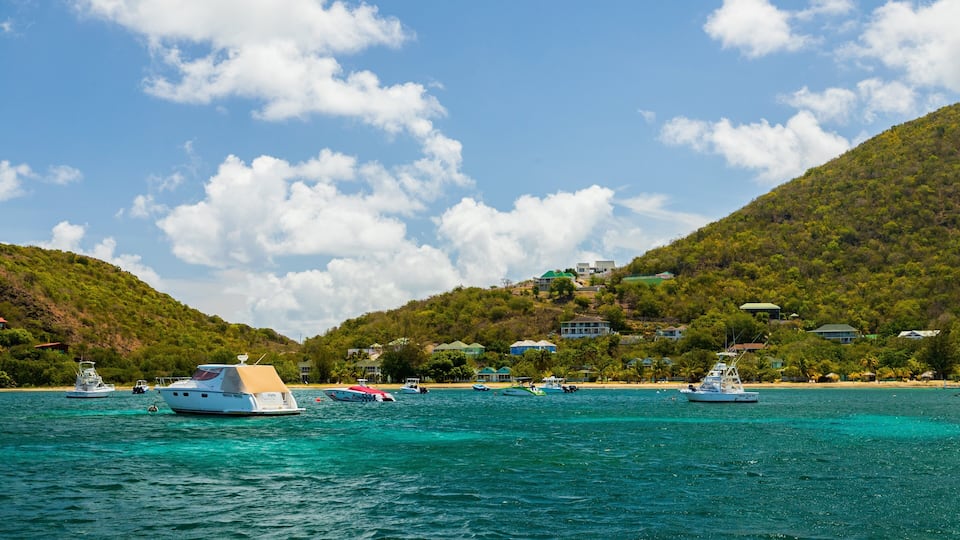 A coastal area with boats on turquoise waters, a beach, and houses on a hillside.