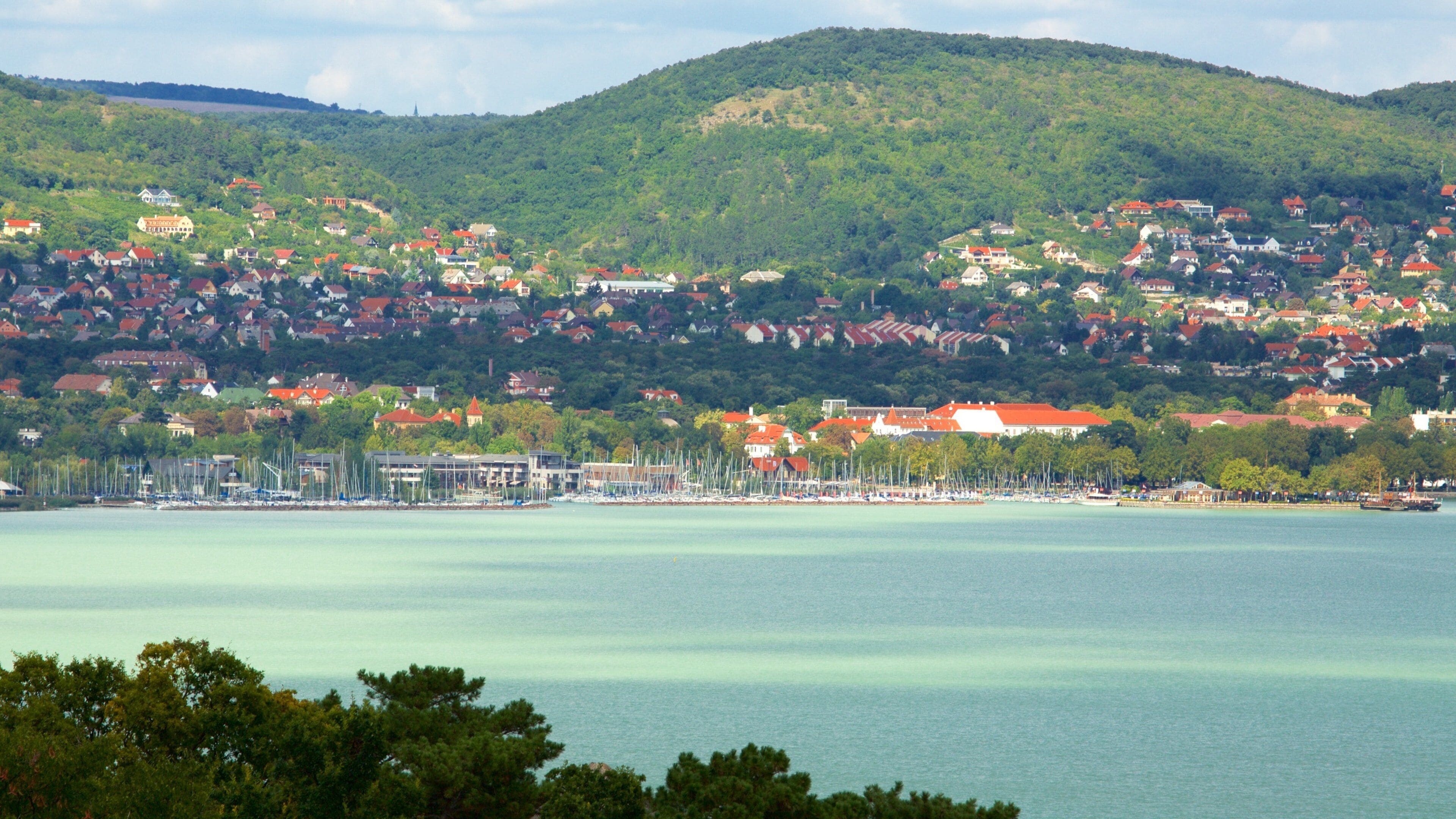 Tihany som viser marina, kystby og innsjø