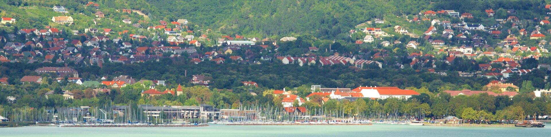 Tihany showing a lake or waterhole, a marina and a coastal town