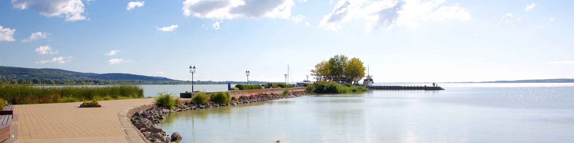 Un paseo junto al río con un sendero de piedra, un banco de madera y una pequeña isla con un árbol.