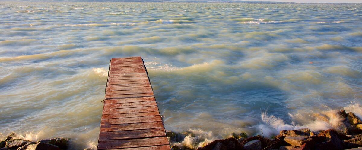 Lake Balaton showing views, rugged coastline and surf