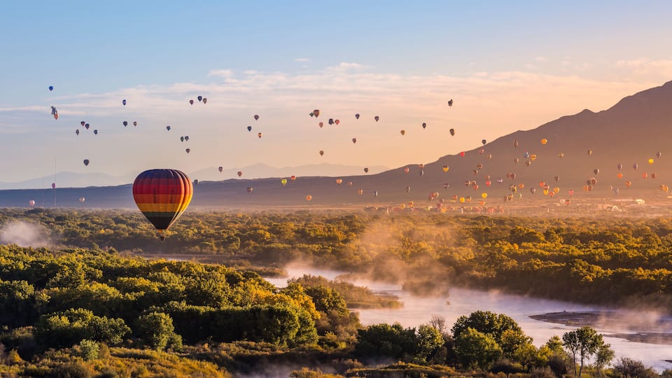 A hot air balloon festival with numerous balloons in the sky over a lush landscape with a river and mountains in the background.