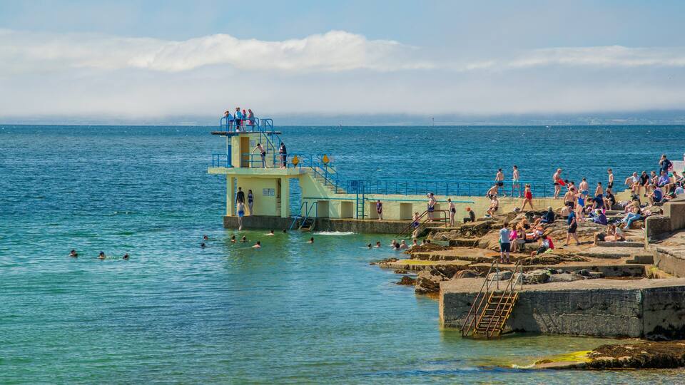 Eine Küstenlandschaft mit einem Rettungsturm, felsigem Ufer und Menschen, die im Wasser schwimmen und entspannen.