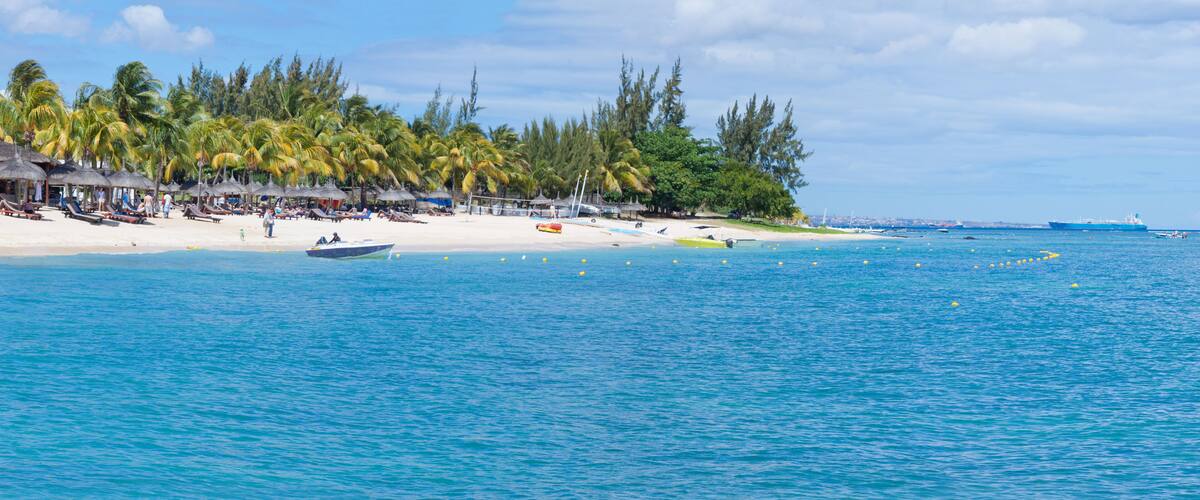 A beach with palm trees, a boat, and a large ship in the distance.