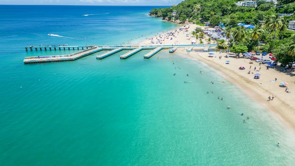 A beach with clear turquoise waters, a pier extending into the sea, and a hillside with buildings and palm trees.