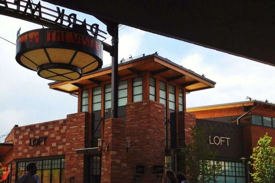 Um edifício com uma placa 'LOFT', uma placa circular com a inscrição 'THE VISION' e uma pessoa caminhando na calçada.
