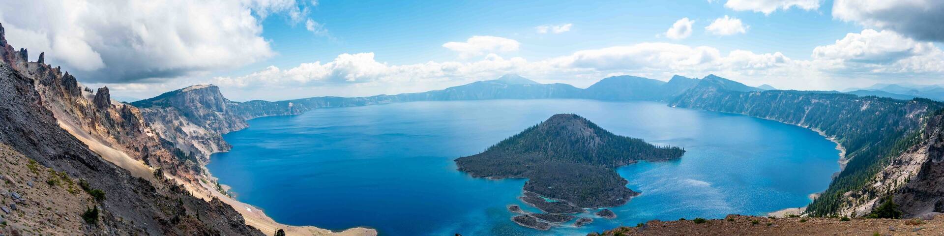 Panoramic view of Crater Lake and Wizard Island in Oregon