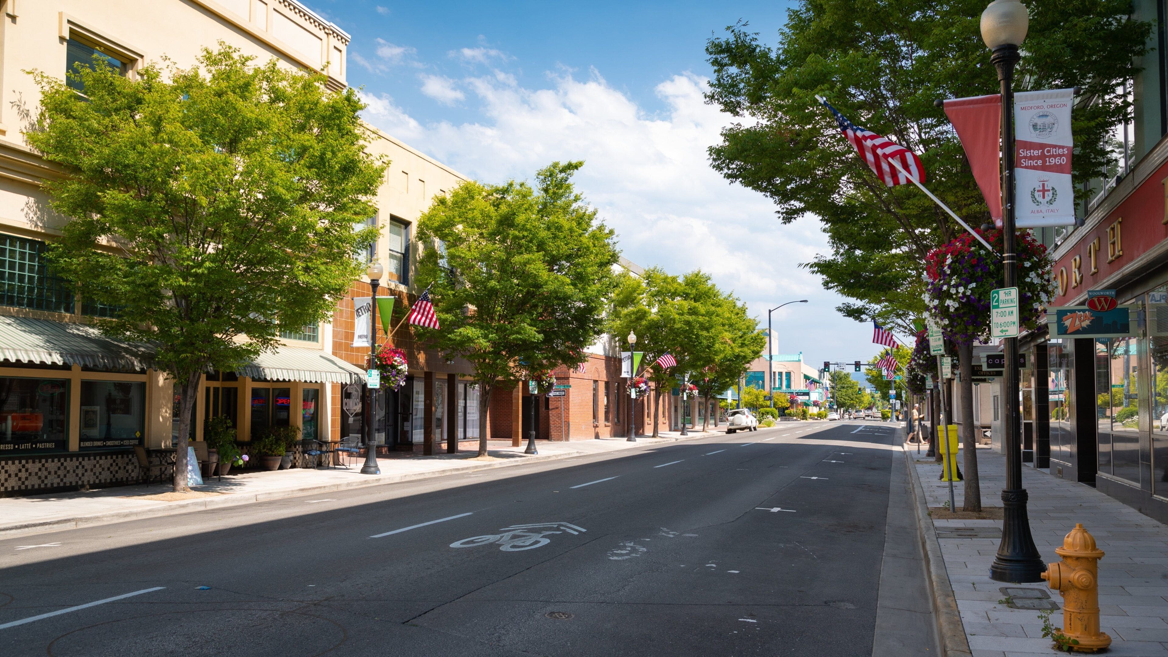 A tree-lined street with storefronts, American flags, and a bicycle lane.