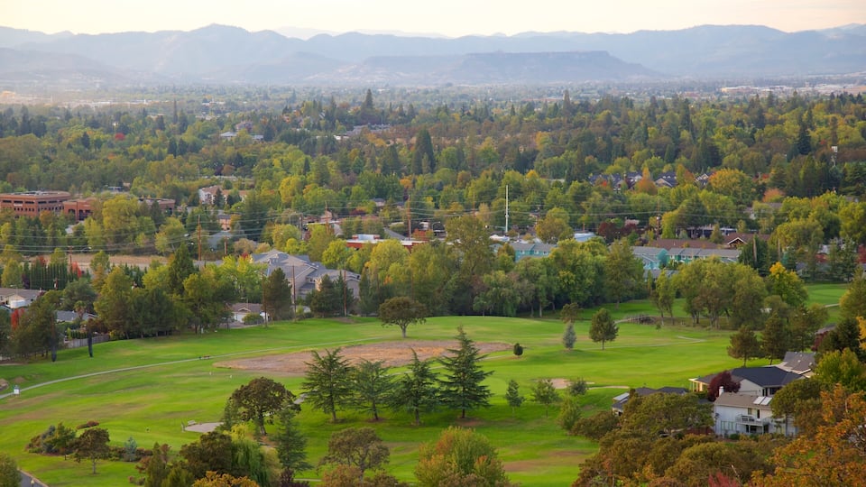 A suburban area with houses, trees, and a golf course.