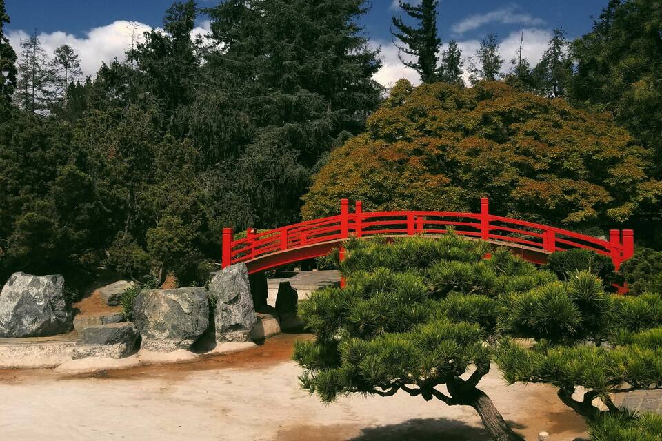 Eine rote Brücke über einen Teich, umgeben von Steinen und Bäumen.