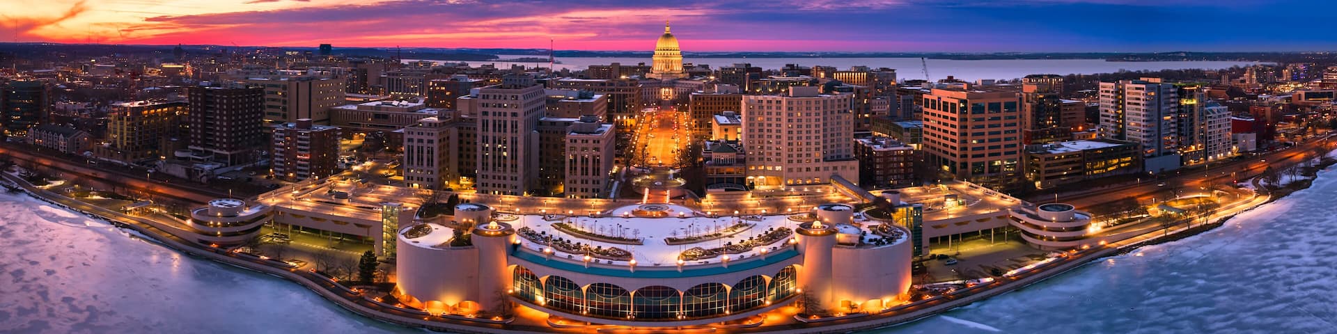 Sunset behind a frozen Madison, WI