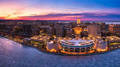 Sunset behind a frozen Madison, WI