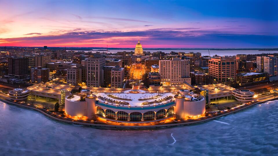 Sunset behind a frozen Madison, WI