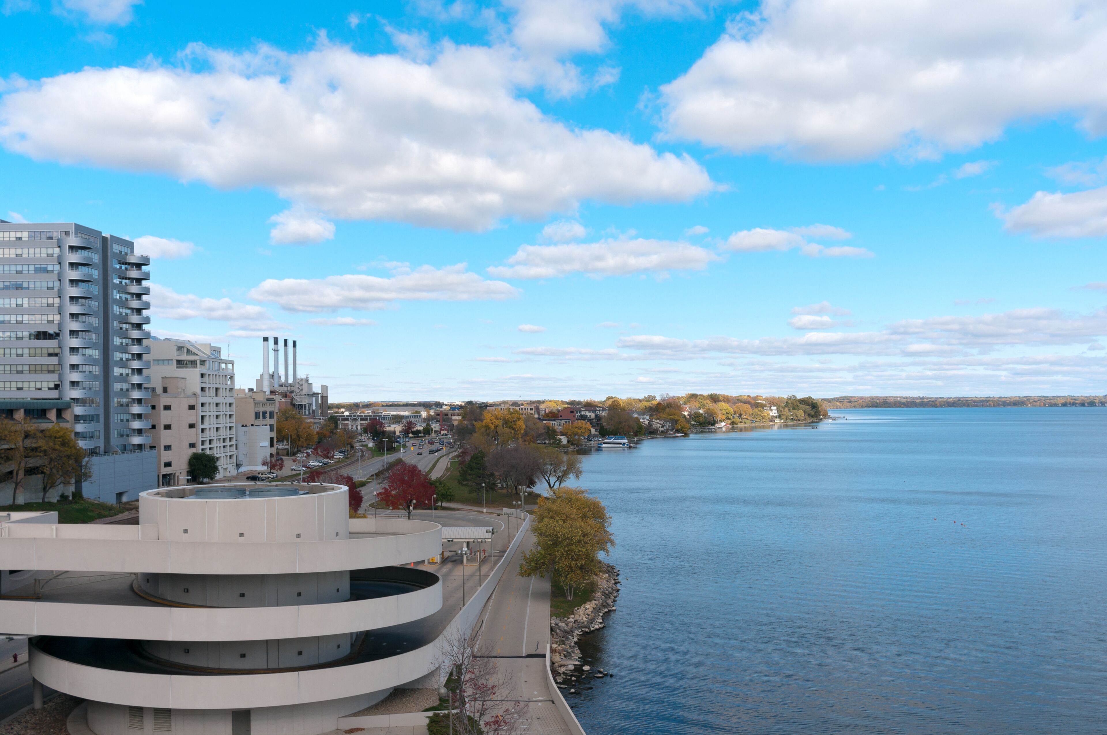 overlooking lake monona and city in downtown madison wisconsin from monona terrace