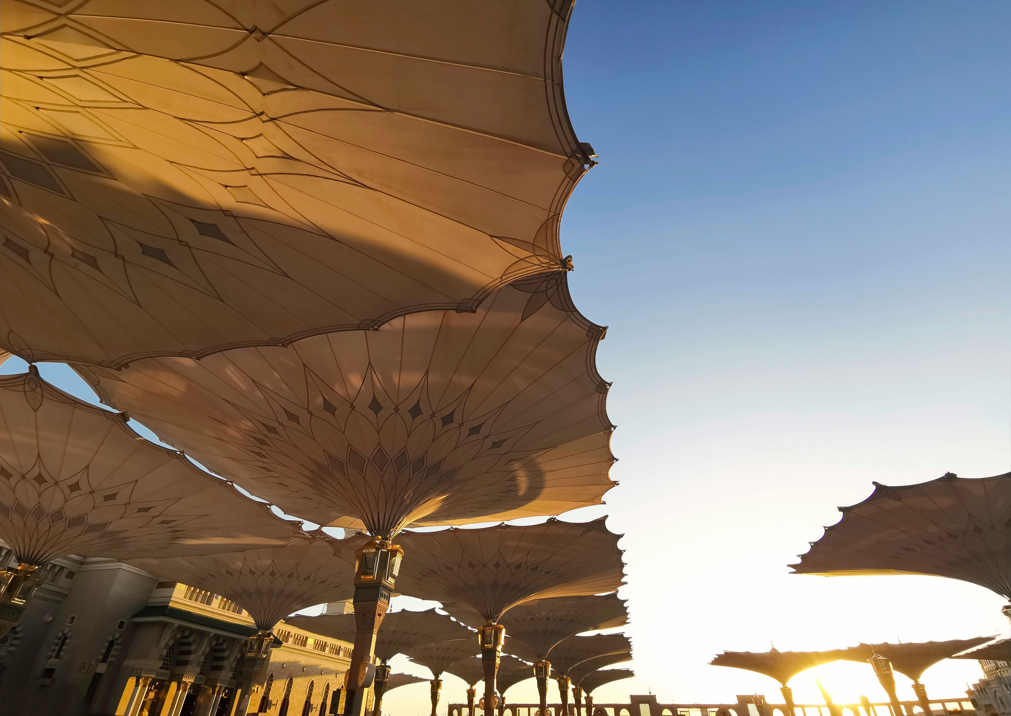 A series of large, ornate umbrellas with intricate patterns, set against a clear sky.