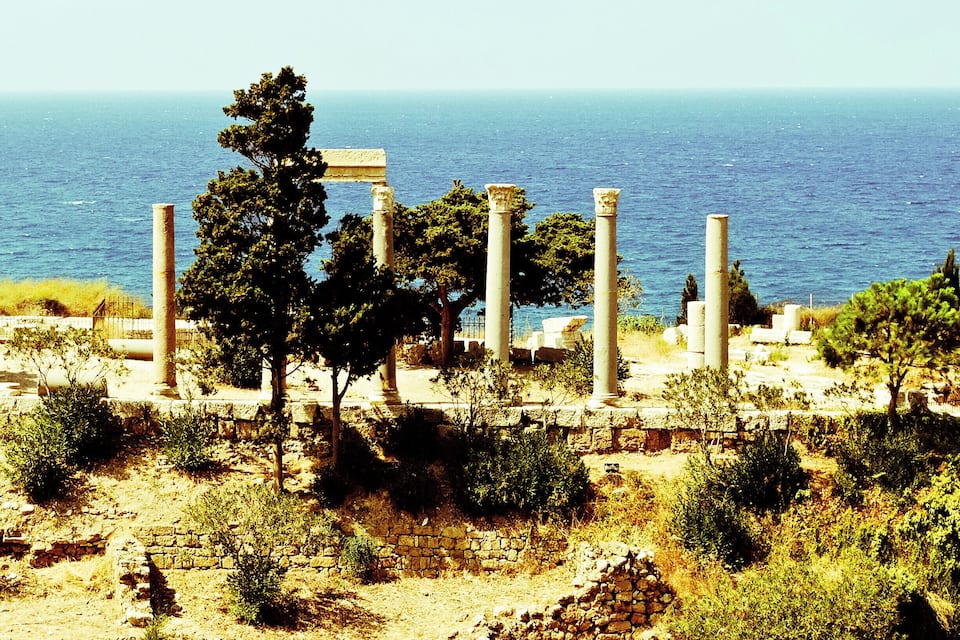 Ruinas antiguas con columnas y árboles junto al mar.