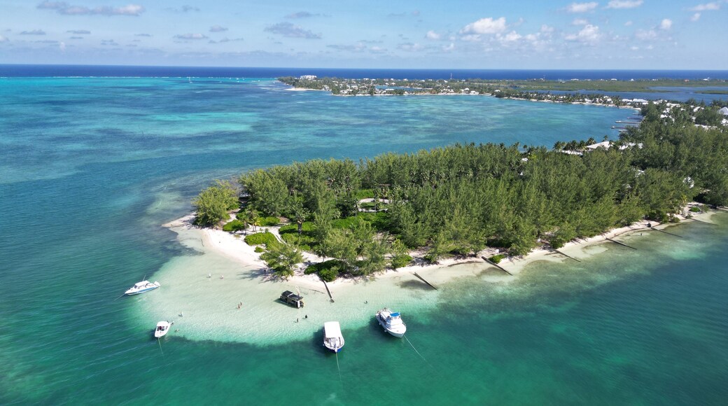 Starfish Point Rumpoint North Side Grand Cayman Aerial in the Cayman Islands Caribbean Sea British West Indies Beautiful pristine water with boats and island view