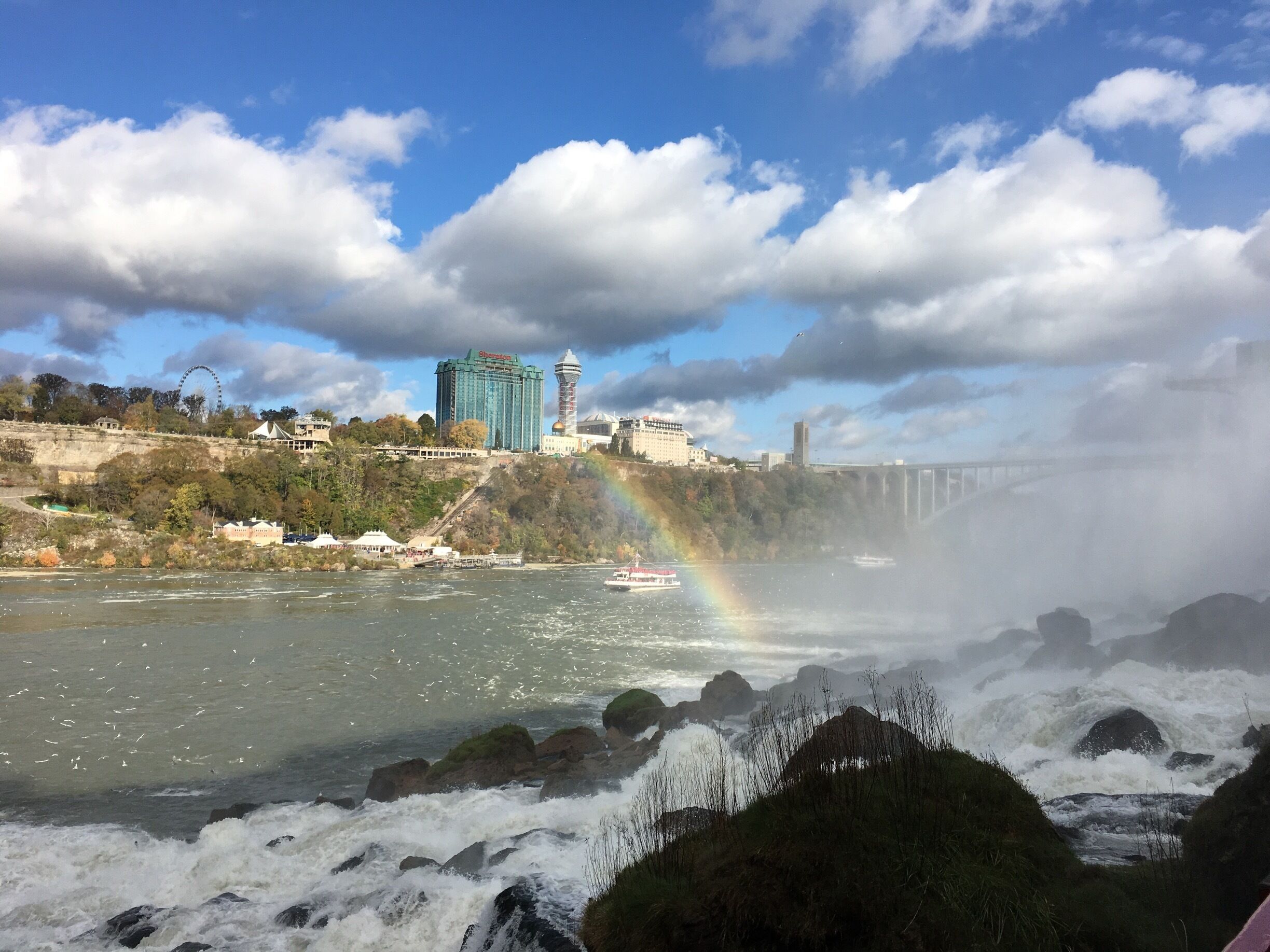 Base of the American Falls with rainbow in background