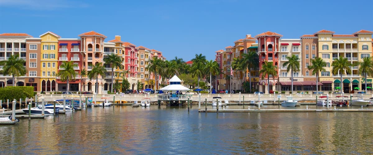 South Florida showing a coastal town, a marina and a bay or harbor