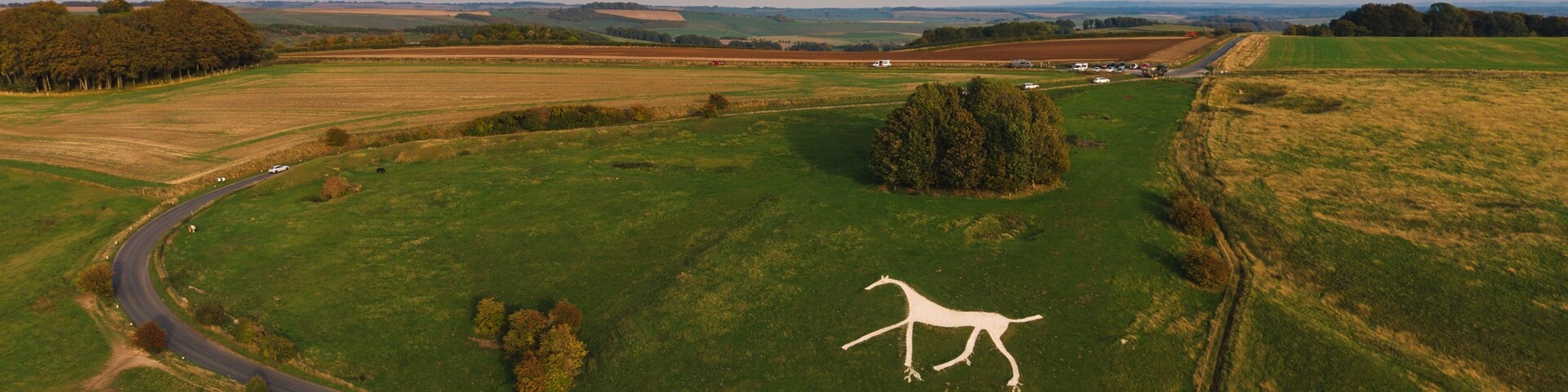 Un paisaje rural con un camino serpenteante, un vasto campo abierto y una escultura blanca de jirafa.