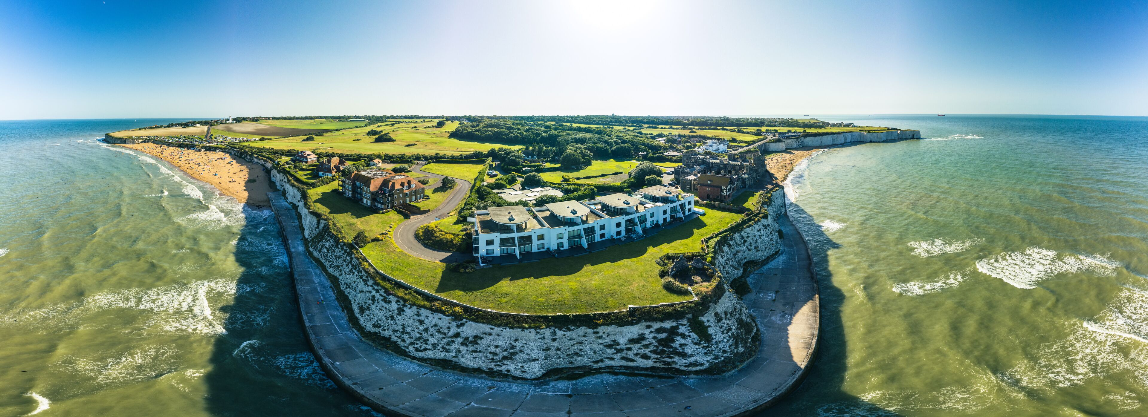 Drone aerial view of the beach and white cliffs, Margate, England